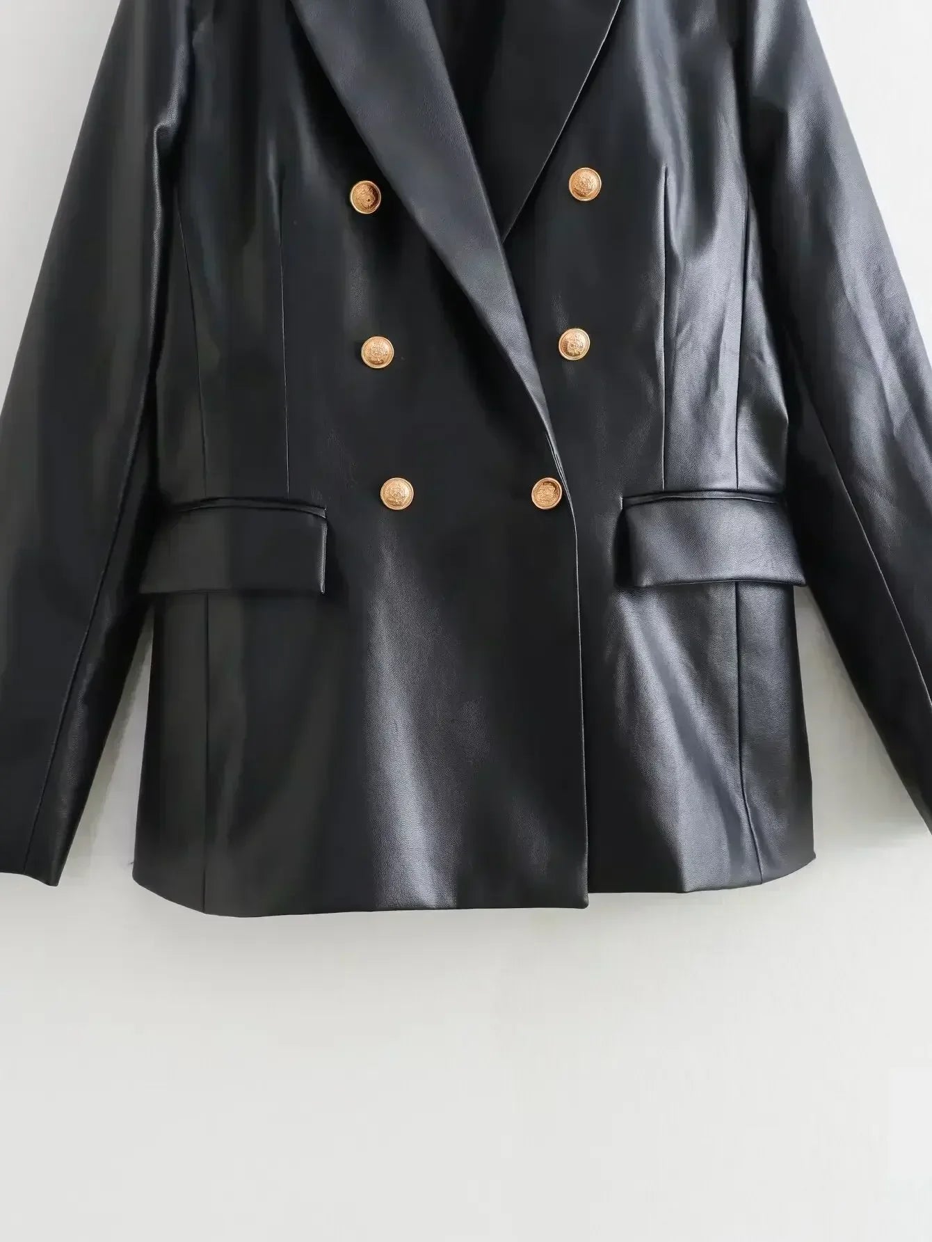 Women's 2024 New Fashion Flip Decoration Casual Double breasted PU Leather Suit Coat Retro Long sleeved Women's Coat